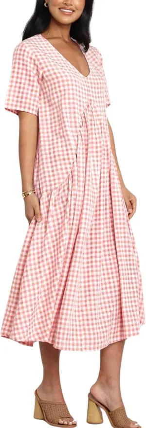 chouyatou Women's Summer Casual Midi Long Plaid Tunic Dress Ruffle Empire Waist Flowy Swing Gingham Dress