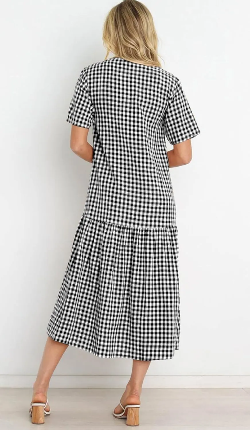 chouyatou Women's Summer Casual Midi Long Plaid Tunic Dress Ruffle Empire Waist Flowy Swing Gingham Dress