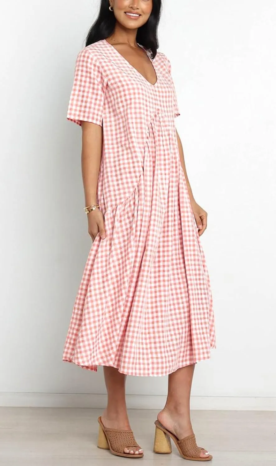 chouyatou Women's Summer Casual Midi Long Plaid Tunic Dress Ruffle Empire Waist Flowy Swing Gingham Dress