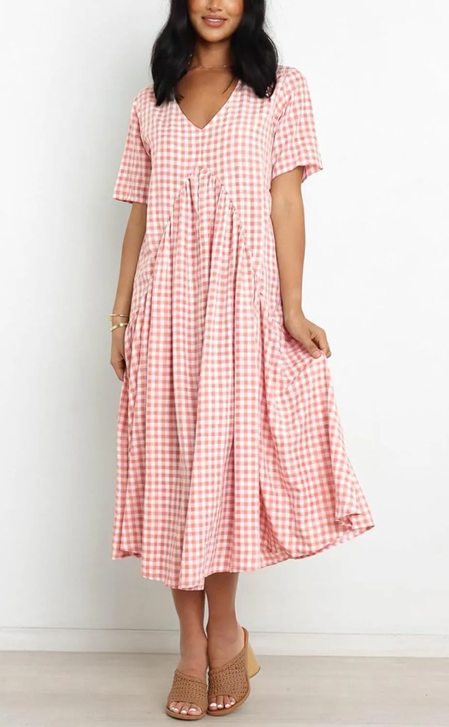 chouyatou Women's Summer Casual Midi Long Plaid Tunic Dress Ruffle Empire Waist Flowy Swing Gingham Dress