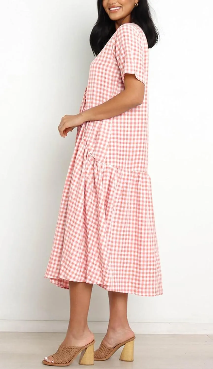 chouyatou Women's Summer Casual Midi Long Plaid Tunic Dress Ruffle Empire Waist Flowy Swing Gingham Dress
