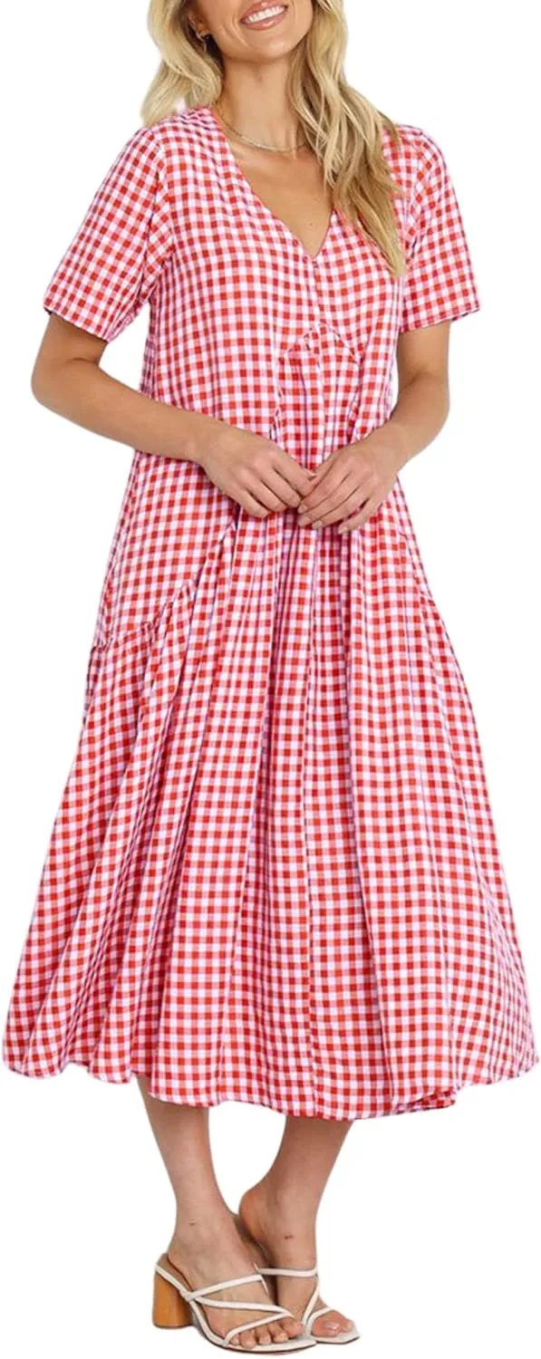 chouyatou Women's Summer Casual Midi Long Plaid Tunic Dress Ruffle Empire Waist Flowy Swing Gingham Dress