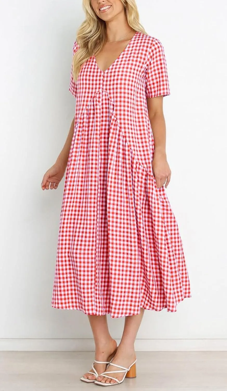 chouyatou Women's Summer Casual Midi Long Plaid Tunic Dress Ruffle Empire Waist Flowy Swing Gingham Dress