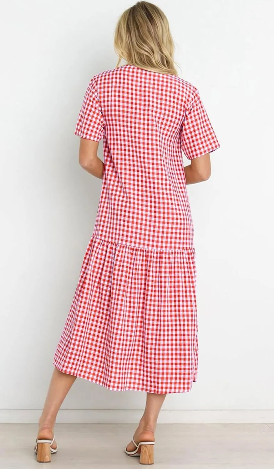chouyatou Women's Summer Casual Midi Long Plaid Tunic Dress Ruffle Empire Waist Flowy Swing Gingham Dress