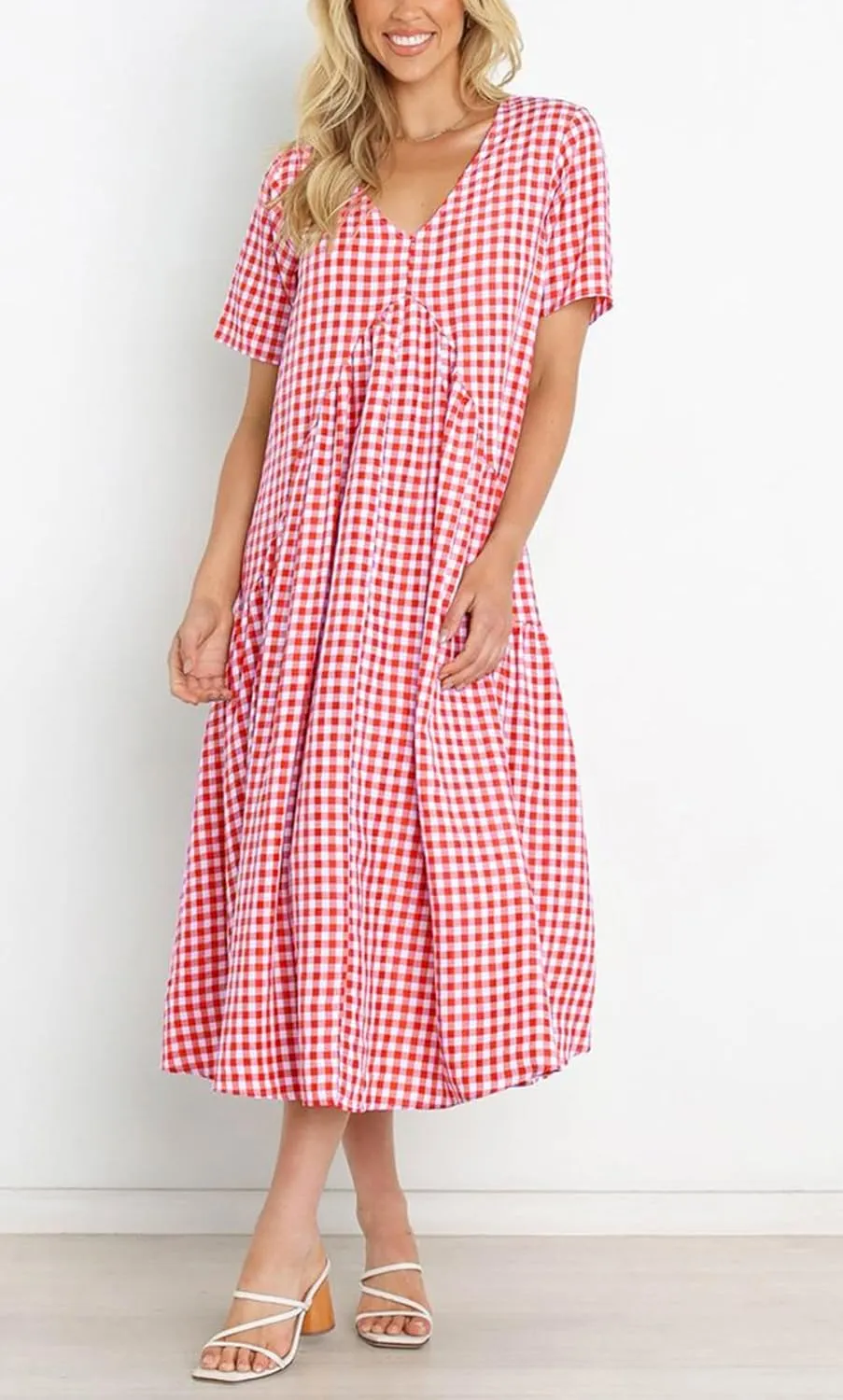 chouyatou Women's Summer Casual Midi Long Plaid Tunic Dress Ruffle Empire Waist Flowy Swing Gingham Dress