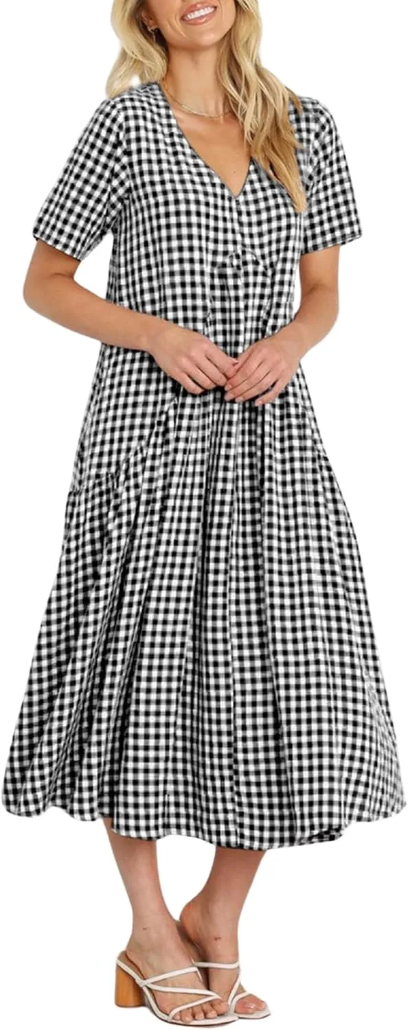 chouyatou Women's Summer Casual Midi Long Plaid Tunic Dress Ruffle Empire Waist Flowy Swing Gingham Dress