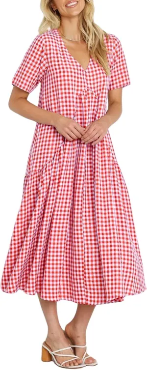 chouyatou Women's Summer Casual Midi Long Plaid Tunic Dress Ruffle Empire Waist Flowy Swing Gingham Dress