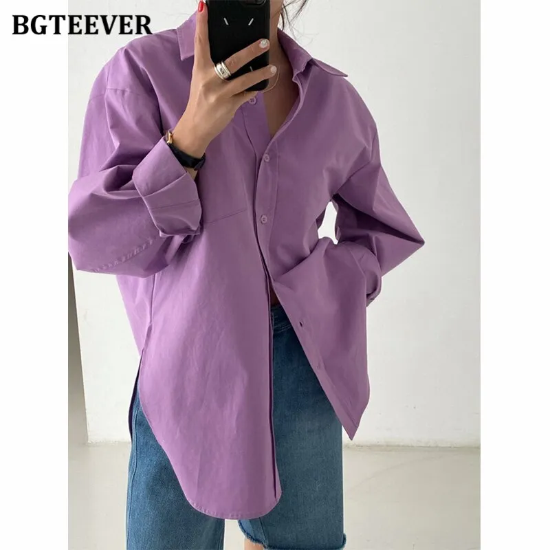 Christmas Gift Joskaa Stylish Turn-down Collar Single-breasted Loose Female Shirts Full Sleeve Ladies Solid Blouses 2024 Autumn Blusas Femme