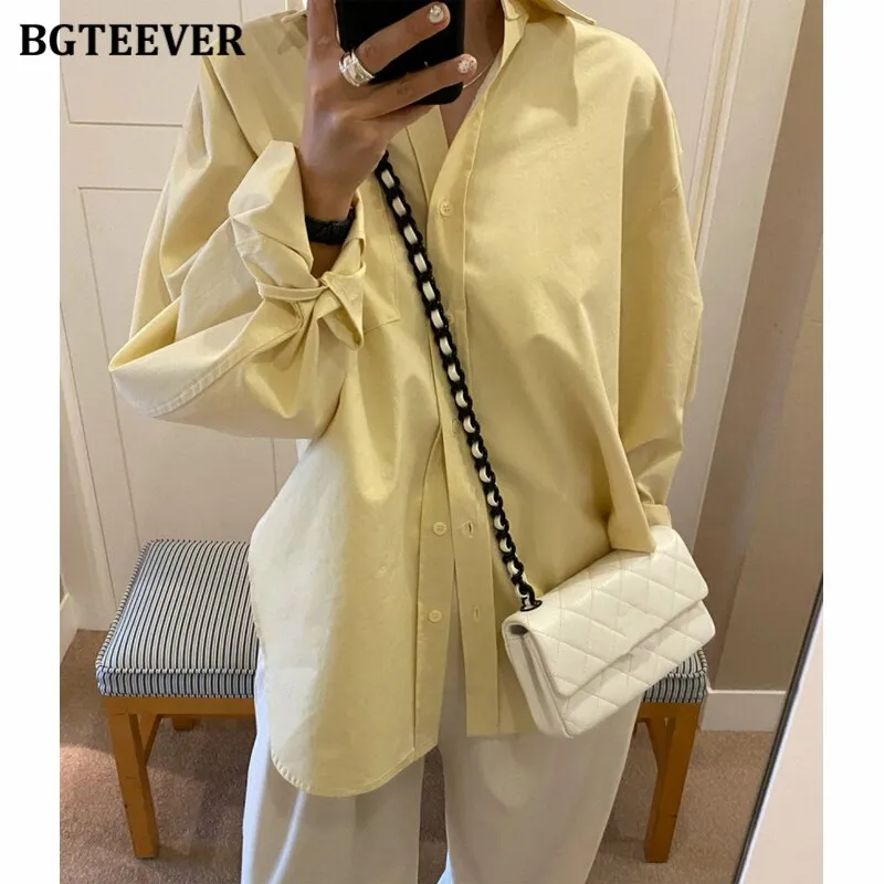 Christmas Gift Joskaa Stylish Turn-down Collar Single-breasted Loose Female Shirts Full Sleeve Ladies Solid Blouses 2024 Autumn Blusas Femme