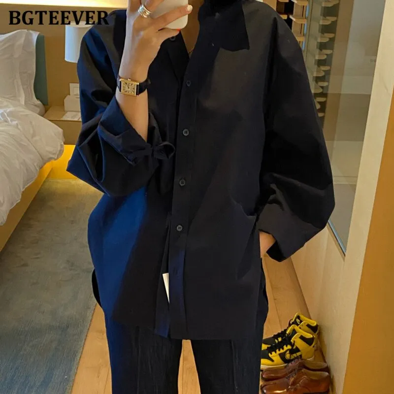 Christmas Gift Joskaa Stylish Turn-down Collar Single-breasted Loose Female Shirts Full Sleeve Ladies Solid Blouses 2024 Autumn Blusas Femme