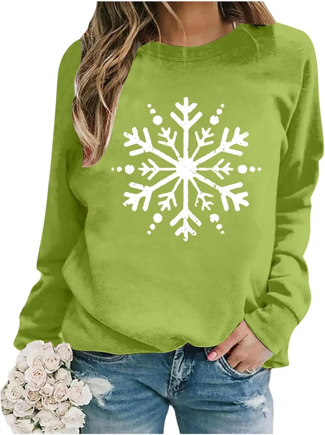 Christmas Sweatshirt for Women Snowflake Graphic Long Sleeve Casual Pullover Drop Shoulder Crewneck Trendy Clothes
