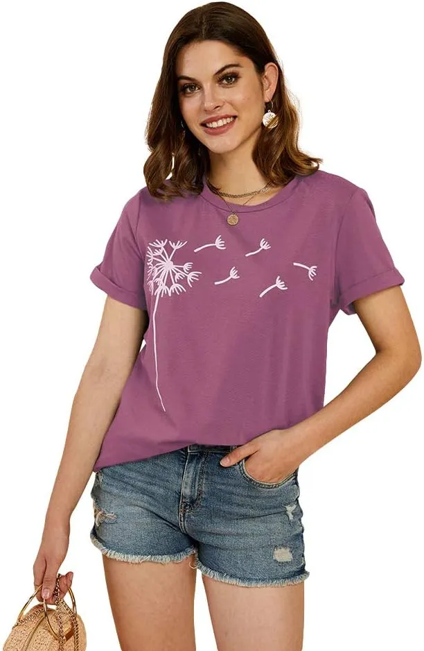 Cicy Bell Women's Dandelion Print T Shirts Cute Graphic Tees Short Sleeve Summer Cotton Tee Tops