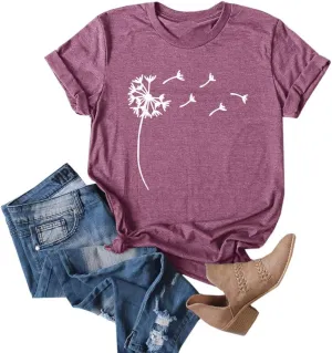 Cicy Bell Women's Dandelion Print T Shirts Cute Graphic Tees Short Sleeve Summer Cotton Tee Tops