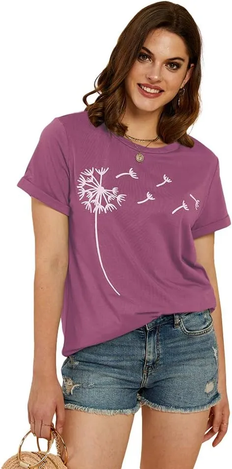 Cicy Bell Women's Dandelion Print T Shirts Cute Graphic Tees Short Sleeve Summer Cotton Tee Tops