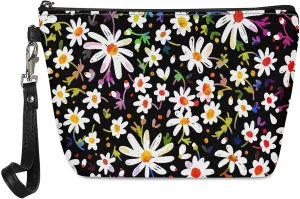 Coldinair Colorful Daisy Print PU Leather Makeup Bag for Women Girls Cosmetic Bag Makeup Pouch Bag Portable Travel Toiletry Organizer