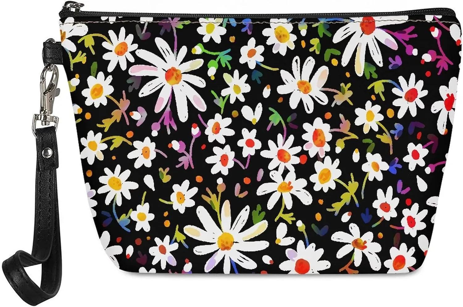 Coldinair Colorful Daisy Print PU Leather Makeup Bag for Women Girls Cosmetic Bag Makeup Pouch Bag Portable Travel Toiletry Organizer