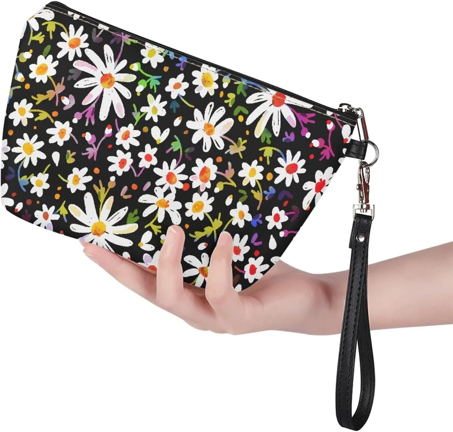 Coldinair Colorful Daisy Print PU Leather Makeup Bag for Women Girls Cosmetic Bag Makeup Pouch Bag Portable Travel Toiletry Organizer