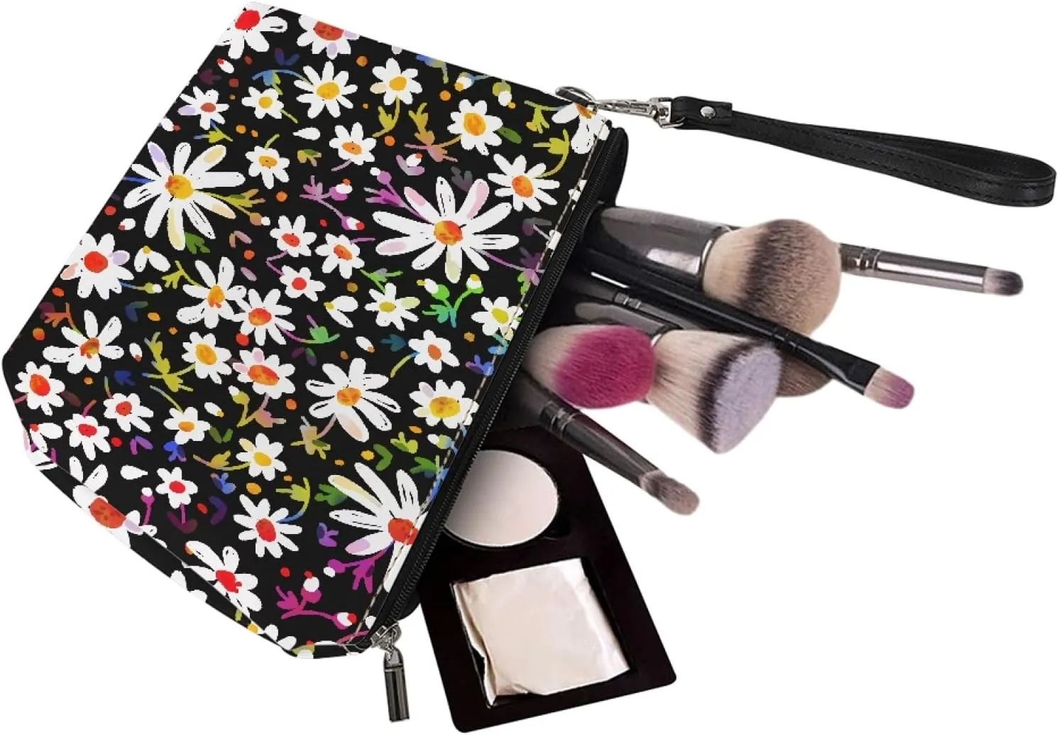 Coldinair Colorful Daisy Print PU Leather Makeup Bag for Women Girls Cosmetic Bag Makeup Pouch Bag Portable Travel Toiletry Organizer