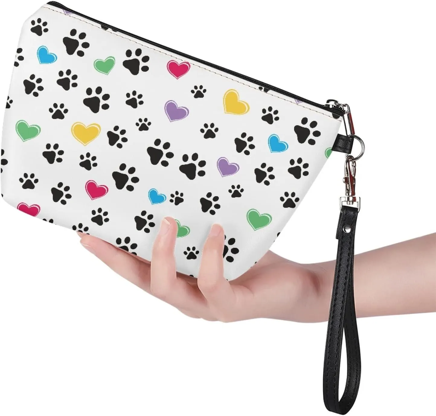 Coldinair Colorful Love with Dog Paws Print Makeup Bag for Purse Travel Makeup Pouch PU Leather Cosmetic Bag for Women Girls