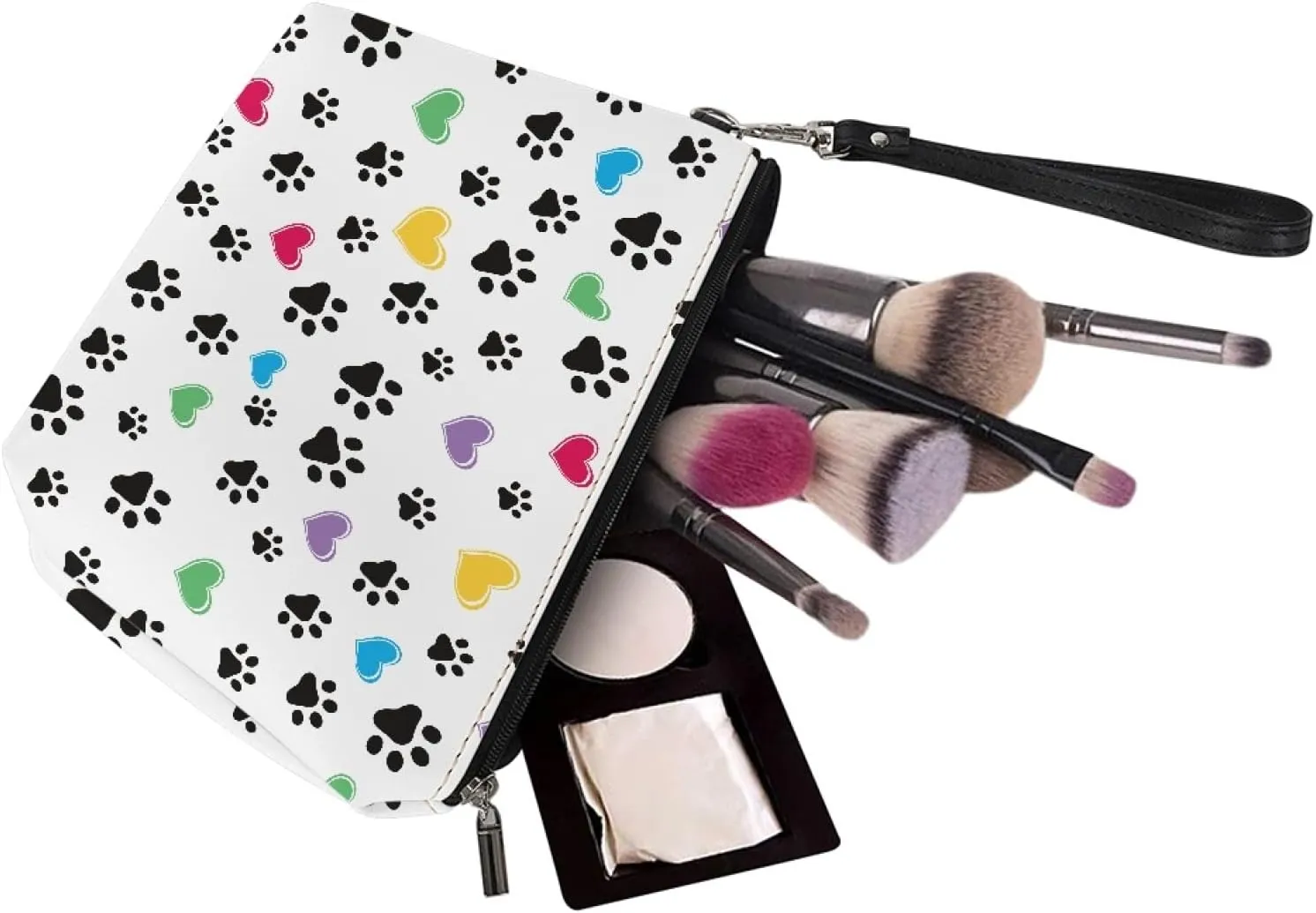 Coldinair Colorful Love with Dog Paws Print Makeup Bag for Purse Travel Makeup Pouch PU Leather Cosmetic Bag for Women Girls