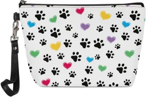 Coldinair Colorful Love with Dog Paws Print Makeup Bag for Purse Travel Makeup Pouch PU Leather Cosmetic Bag for Women Girls