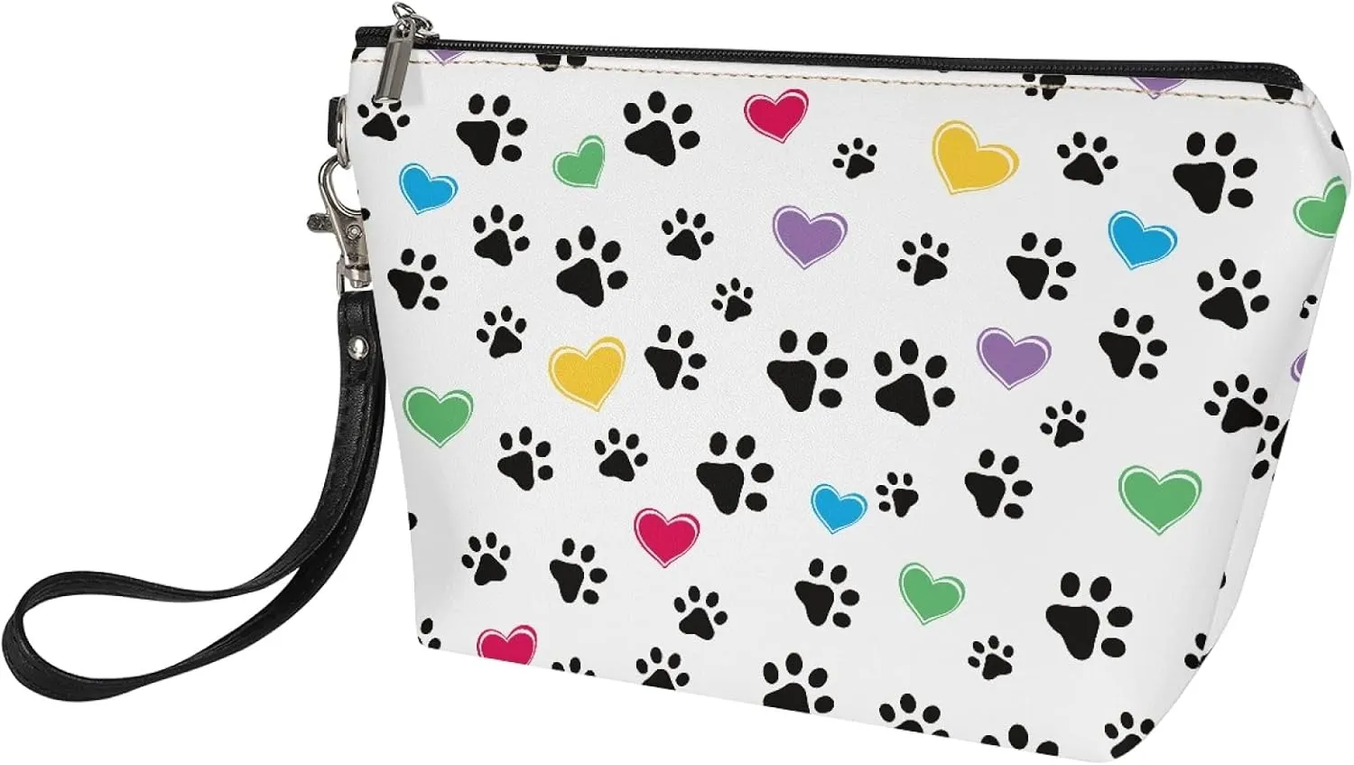 Coldinair Colorful Love with Dog Paws Print Makeup Bag for Purse Travel Makeup Pouch PU Leather Cosmetic Bag for Women Girls