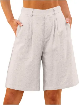 Cotton Linen Womens Bermuda Shorts Dressy Wide Leg Summer Shorts Pleated High Waisted Baggy Knee Length Short Pants