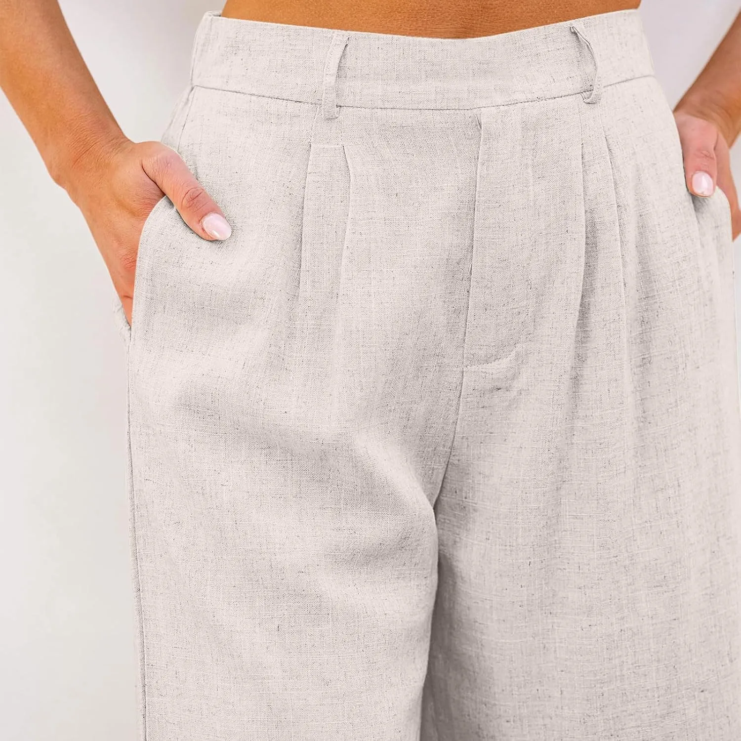 Cotton Linen Womens Bermuda Shorts Dressy Wide Leg Summer Shorts Pleated High Waisted Baggy Knee Length Short Pants