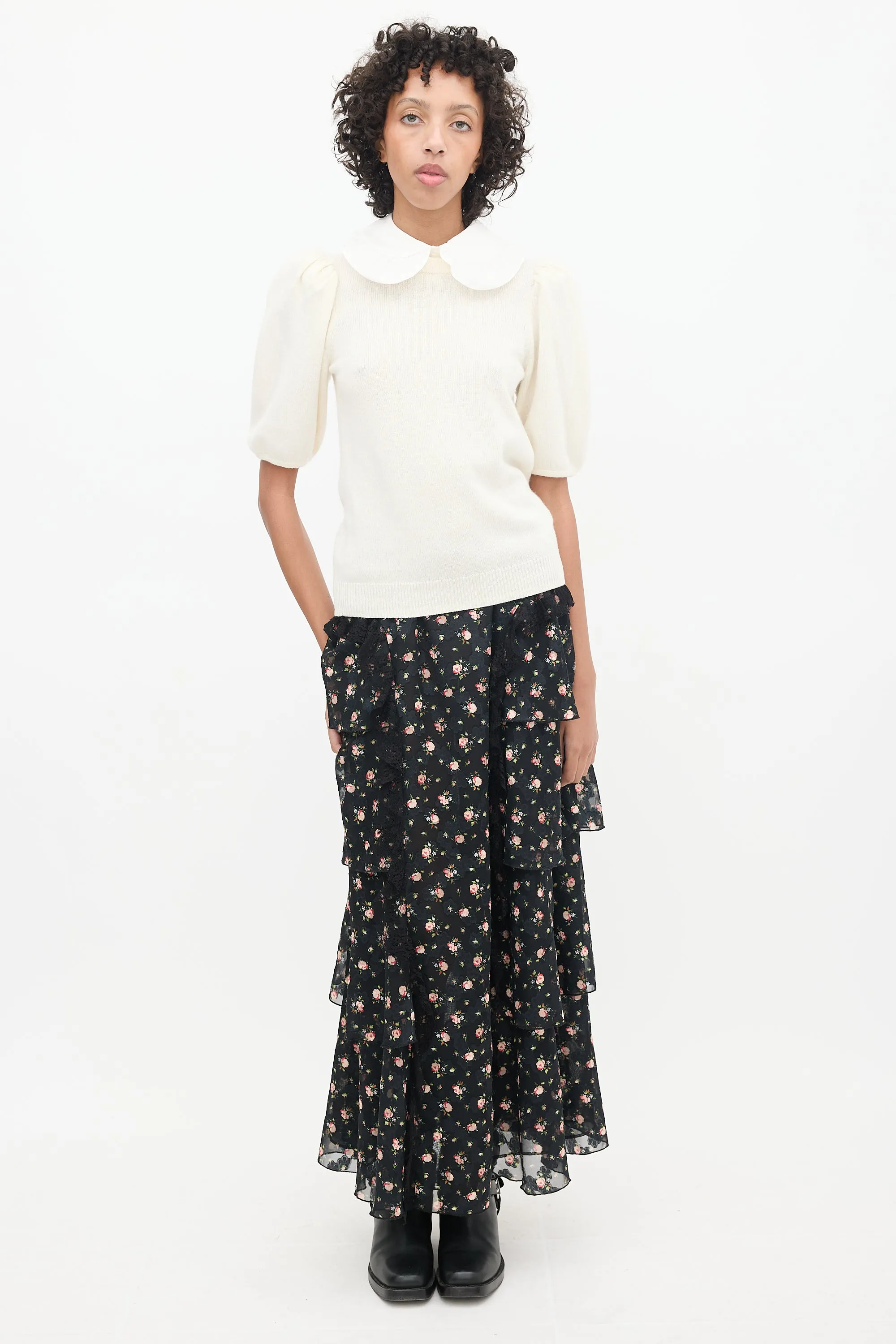 Cream Wool Knit Collared Sweater