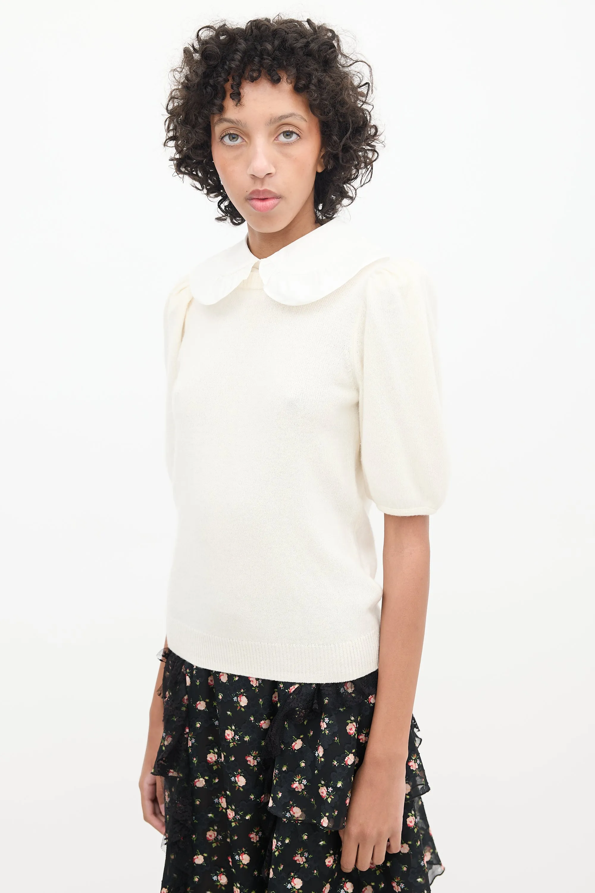 Cream Wool Knit Collared Sweater
