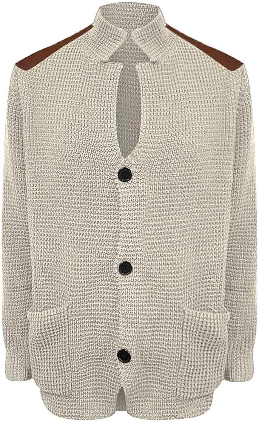 CRNTCEM Mens Cardigan Sweater Shawl Collar Button Down Warm Knitted Sweaters Plus Size Elbow Patch Winter Chunky Cardigans