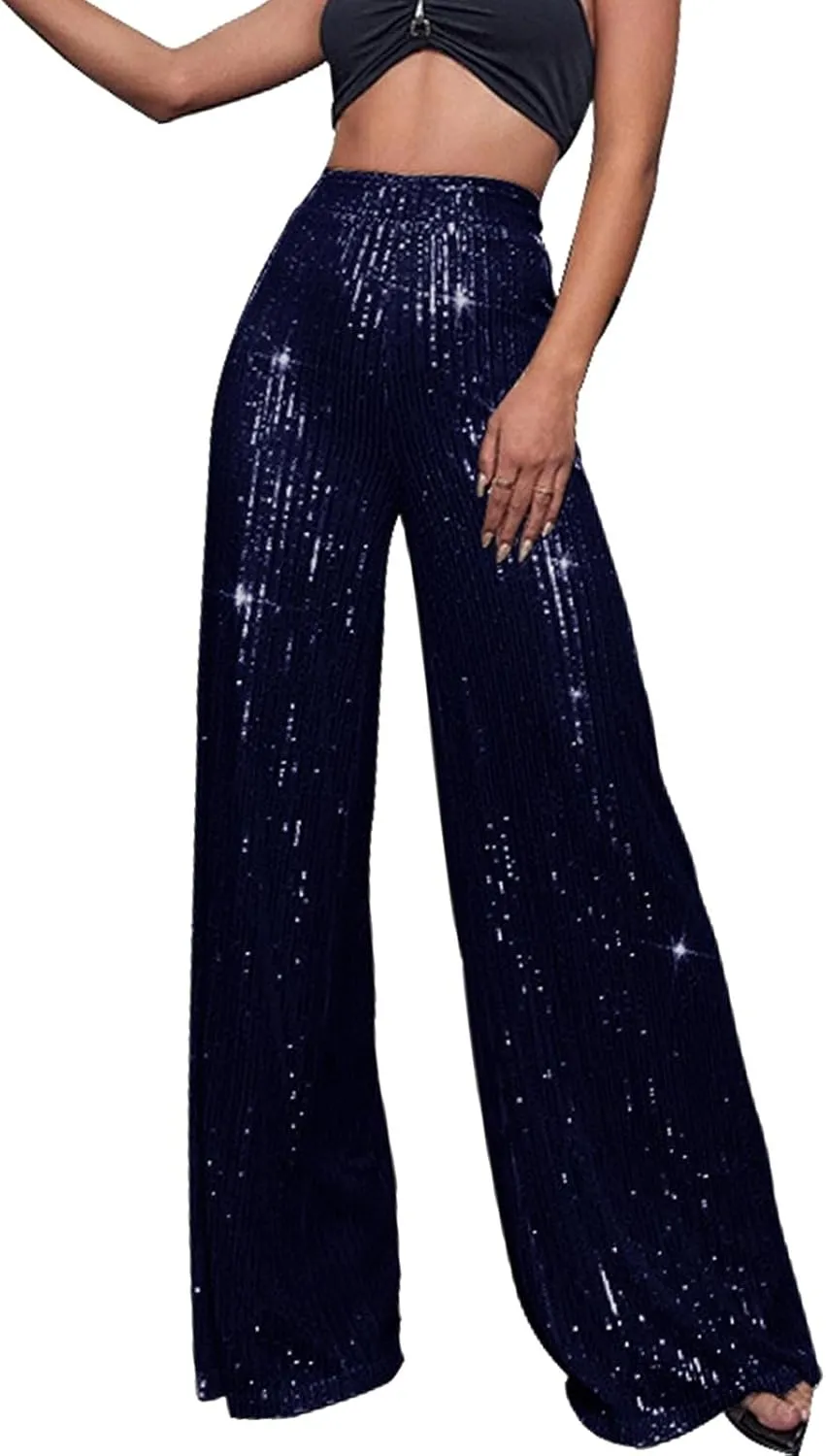 CRNTCEM Women High Waist Sparkle Pants Tummy Control Drape Wide Leg Trouser Lightweight Wedding Party Club Sequin Casual Pant