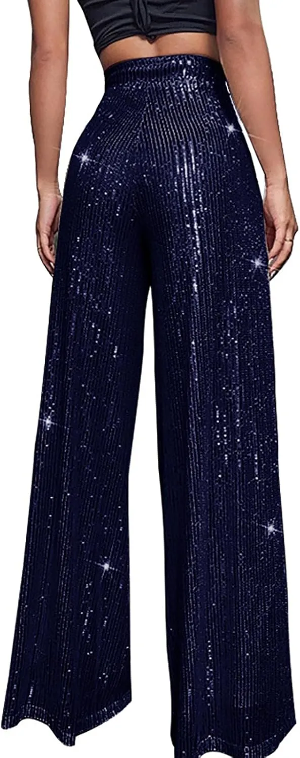 CRNTCEM Women High Waist Sparkle Pants Tummy Control Drape Wide Leg Trouser Lightweight Wedding Party Club Sequin Casual Pant