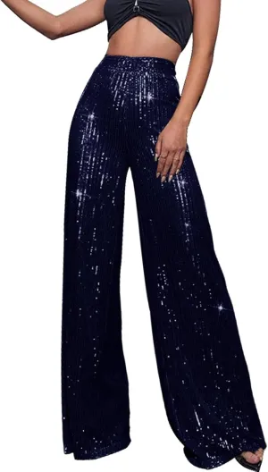 CRNTCEM Women High Waist Sparkle Pants Tummy Control Drape Wide Leg Trouser Lightweight Wedding Party Club Sequin Casual Pant