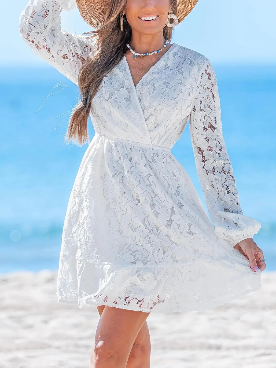 CUPSHE Women Elegant V Neck Lace Peasant Sleeve Summer Dress Elastic High Waist A Line Casual Wedding Guest Mini Dress