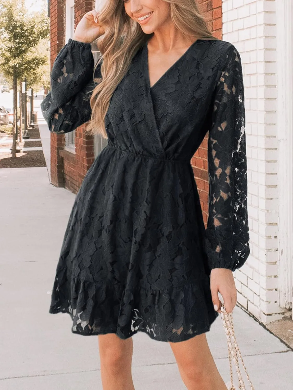 CUPSHE Women Elegant V Neck Lace Peasant Sleeve Summer Dress Elastic High Waist A Line Casual Wedding Guest Mini Dress