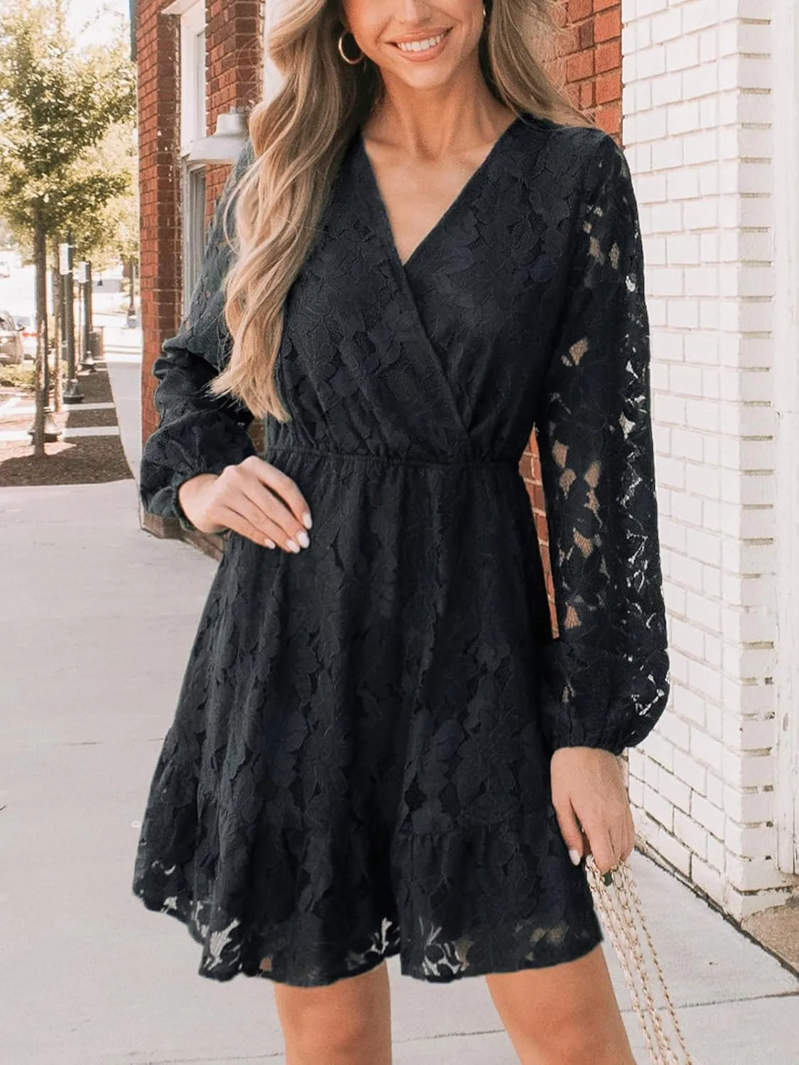 CUPSHE Women Elegant V Neck Lace Peasant Sleeve Summer Dress Elastic High Waist A Line Casual Wedding Guest Mini Dress