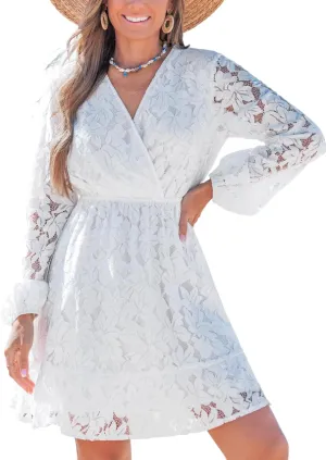 CUPSHE Women Elegant V Neck Lace Peasant Sleeve Summer Dress Elastic High Waist A Line Casual Wedding Guest Mini Dress