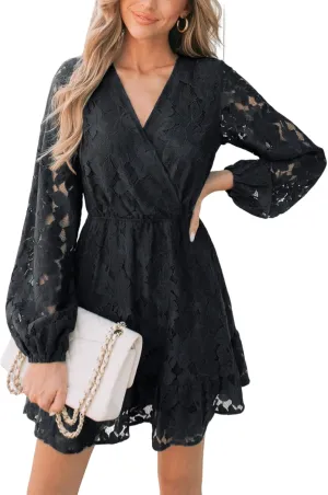 CUPSHE Women Elegant V Neck Lace Peasant Sleeve Summer Dress Elastic High Waist A Line Casual Wedding Guest Mini Dress