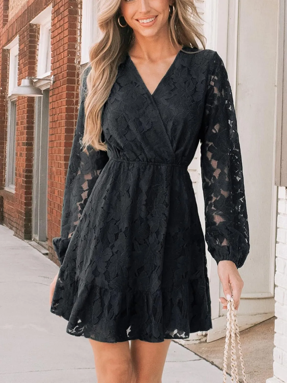 CUPSHE Women Elegant V Neck Lace Peasant Sleeve Summer Dress Elastic High Waist A Line Casual Wedding Guest Mini Dress