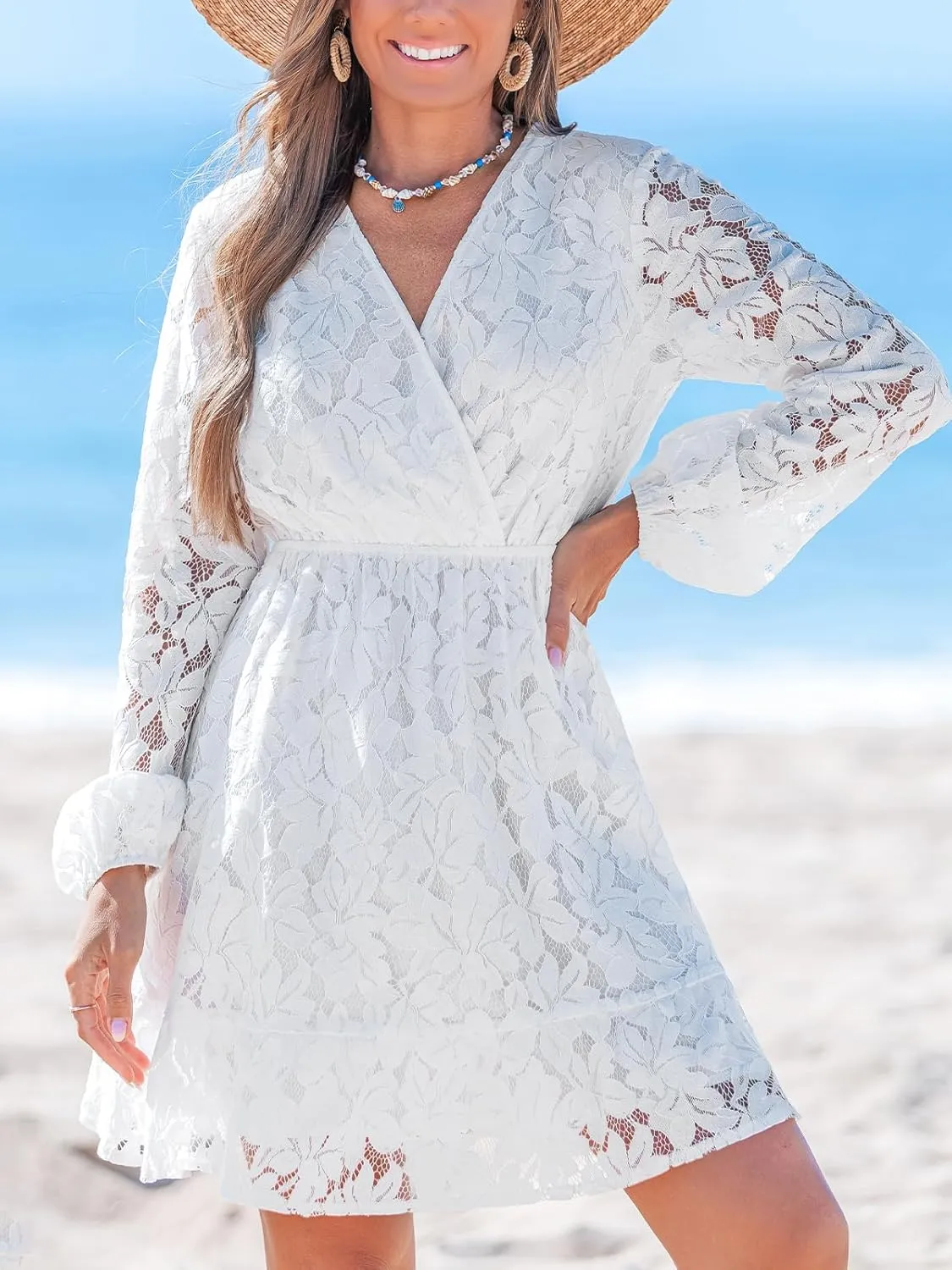 CUPSHE Women Elegant V Neck Lace Peasant Sleeve Summer Dress Elastic High Waist A Line Casual Wedding Guest Mini Dress