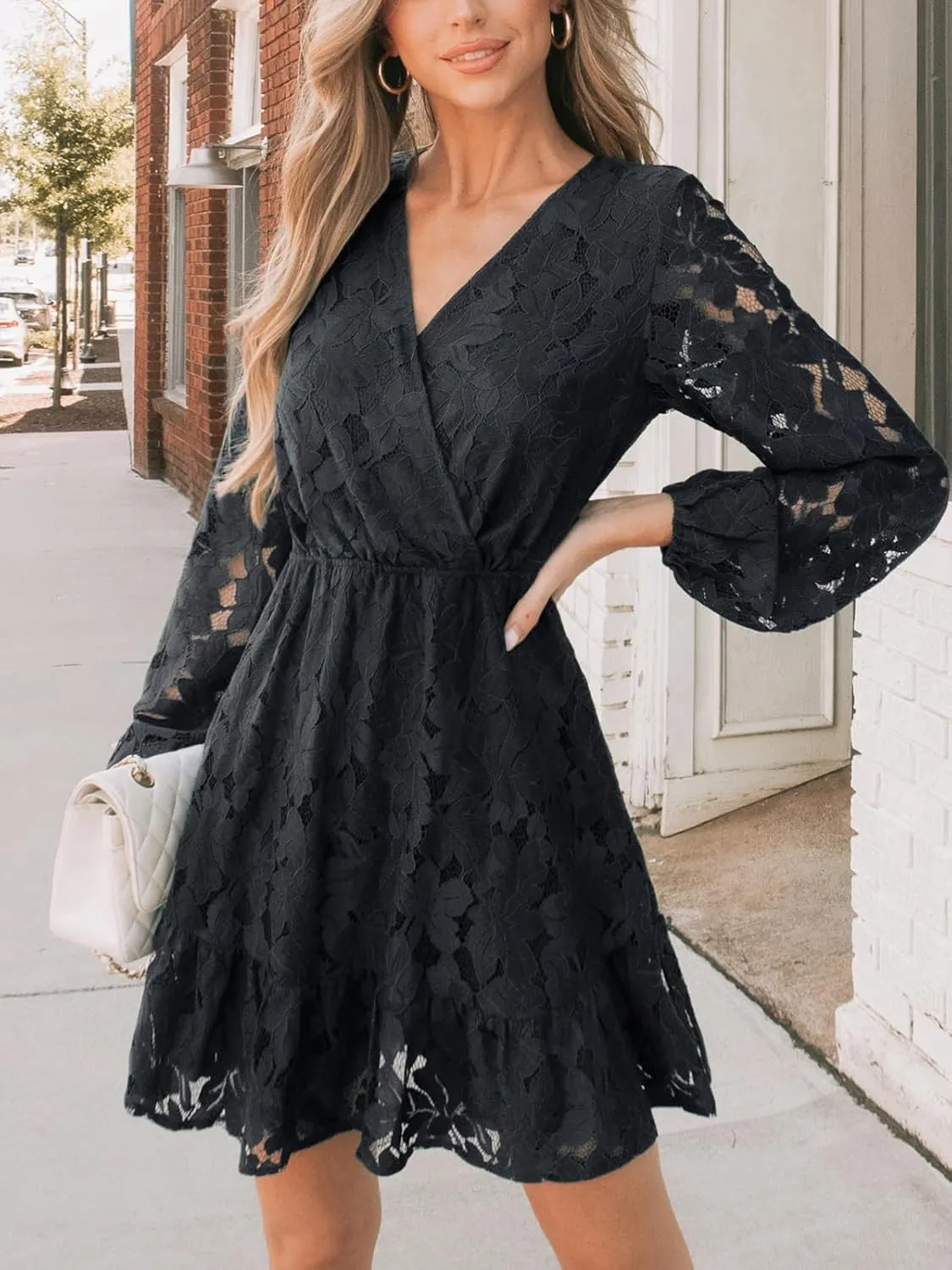 CUPSHE Women Elegant V Neck Lace Peasant Sleeve Summer Dress Elastic High Waist A Line Casual Wedding Guest Mini Dress