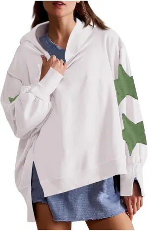 Cute Hoodies For Women Trendy 2024 Oversized Star Print Hooded Sweatshirt Side Slit Fall Pullover Tops y2k Clothes