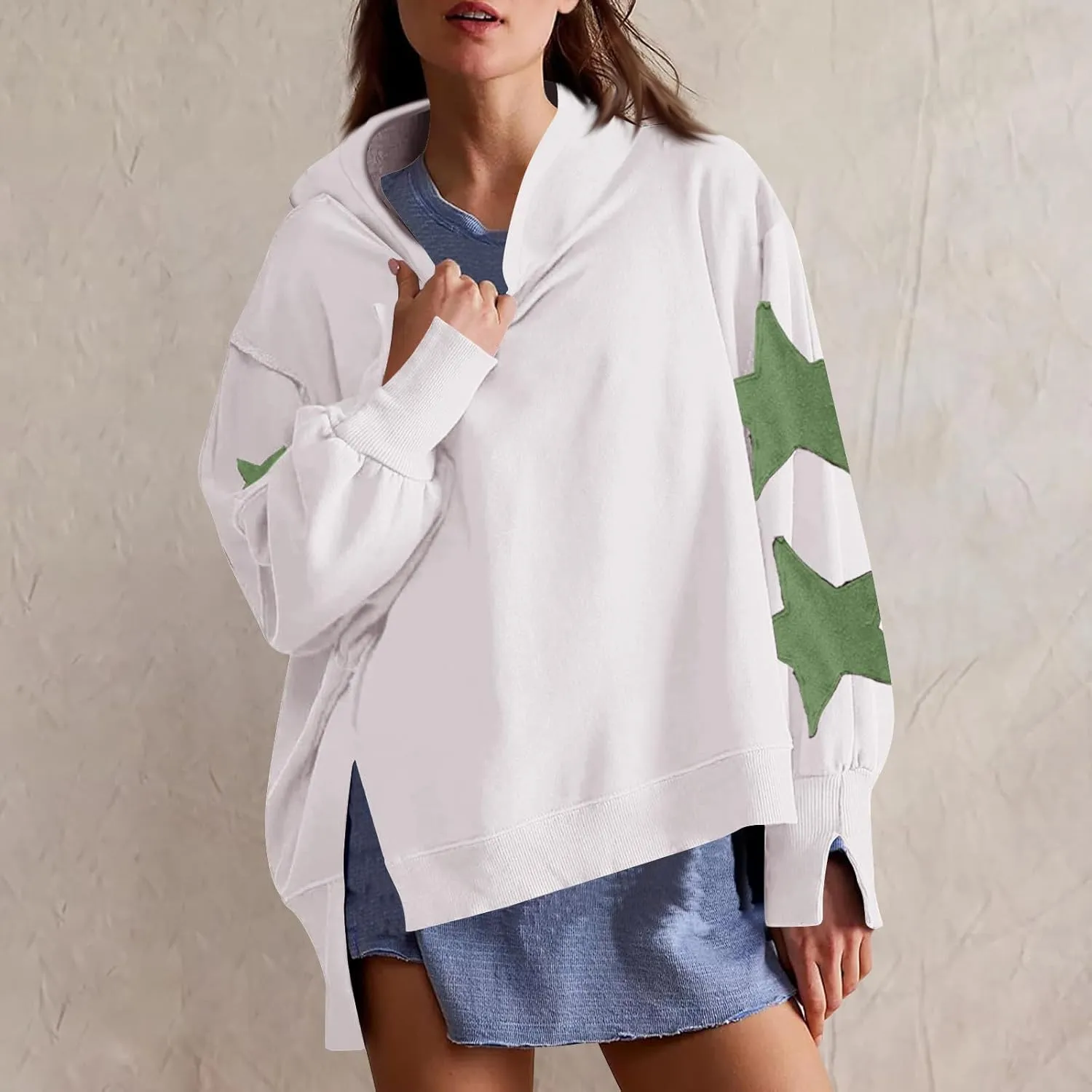 Cute Hoodies For Women Trendy 2024 Oversized Star Print Hooded Sweatshirt Side Slit Fall Pullover Tops y2k Clothes