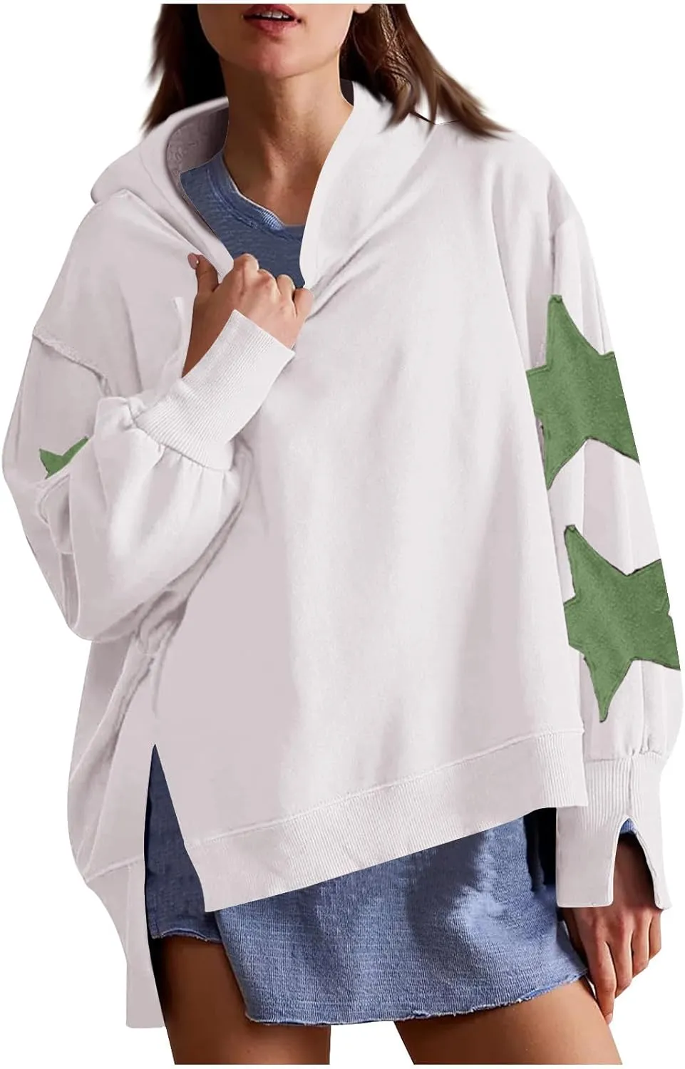 Cute Hoodies For Women Trendy 2024 Oversized Star Print Hooded Sweatshirt Side Slit Fall Pullover Tops y2k Clothes