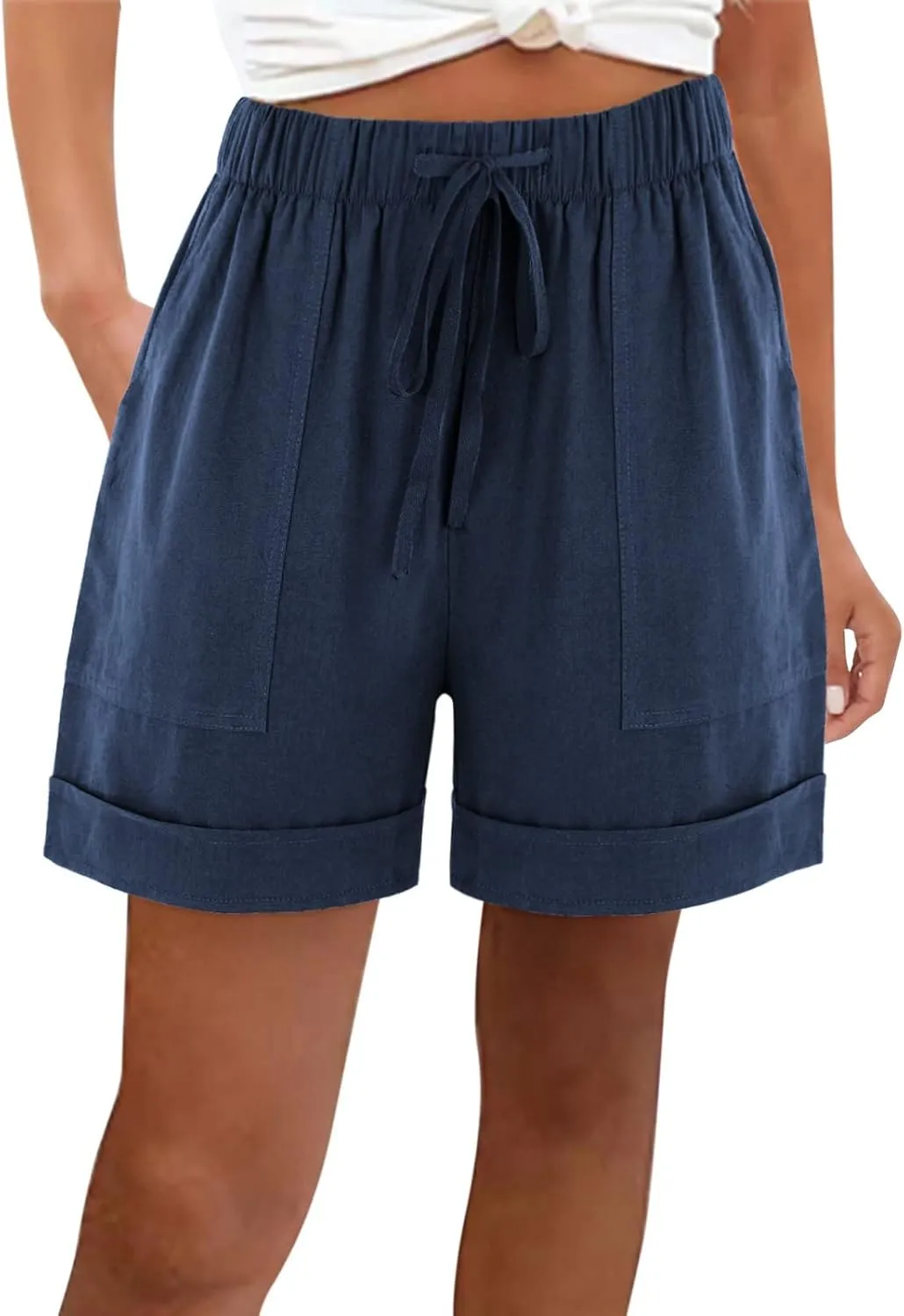DASAYO Summer Casual Wide Leg Shorts for Women Drawstring Elastic Waist Pocketed Short Solid Color Loose Fitt Trendy Trousers