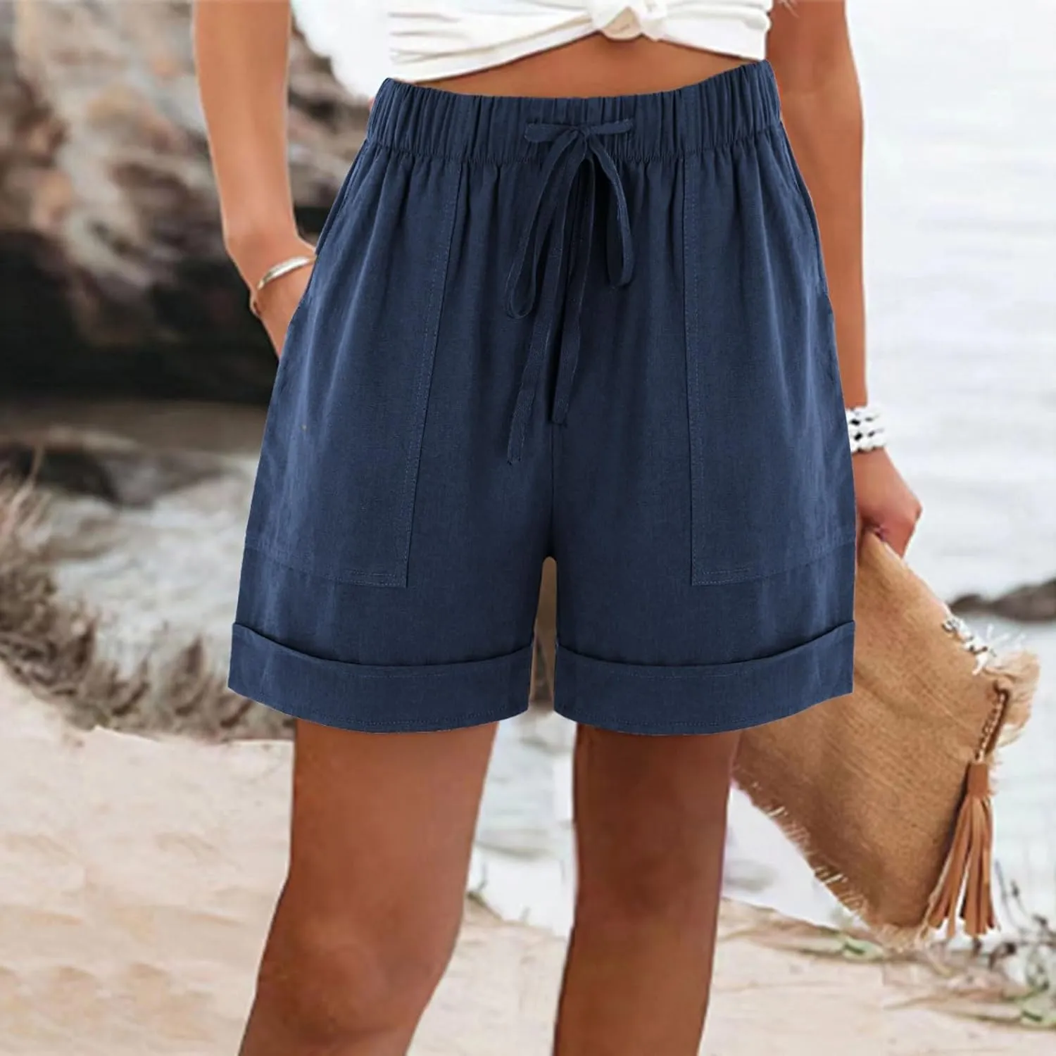 DASAYO Summer Casual Wide Leg Shorts for Women Drawstring Elastic Waist Pocketed Short Solid Color Loose Fitt Trendy Trousers