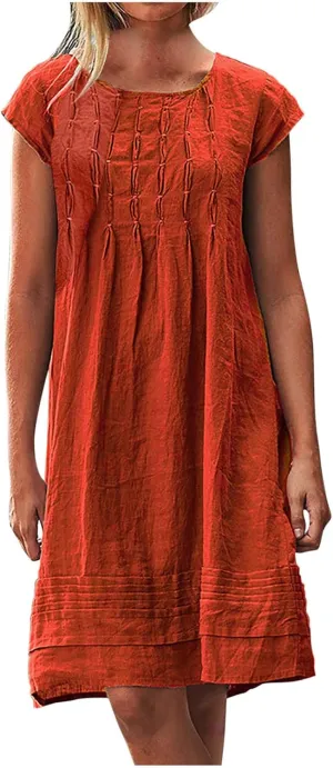 DDAPJ pyju Womens Linen Dress Summer Casual Pleated Round Neck Short Sleeve Mini Dress Loose Beach Vacation Sundress