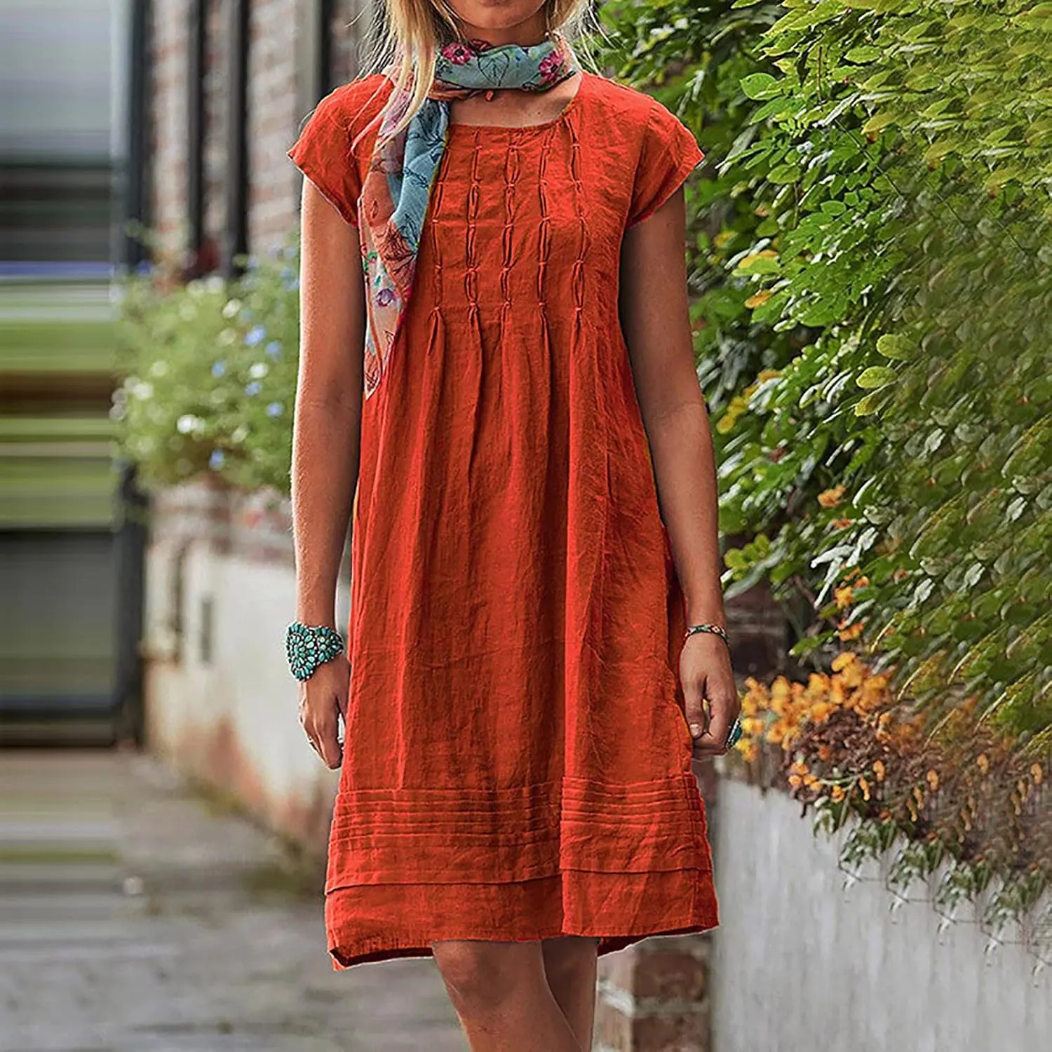 DDAPJ pyju Womens Linen Dress Summer Casual Pleated Round Neck Short Sleeve Mini Dress Loose Beach Vacation Sundress