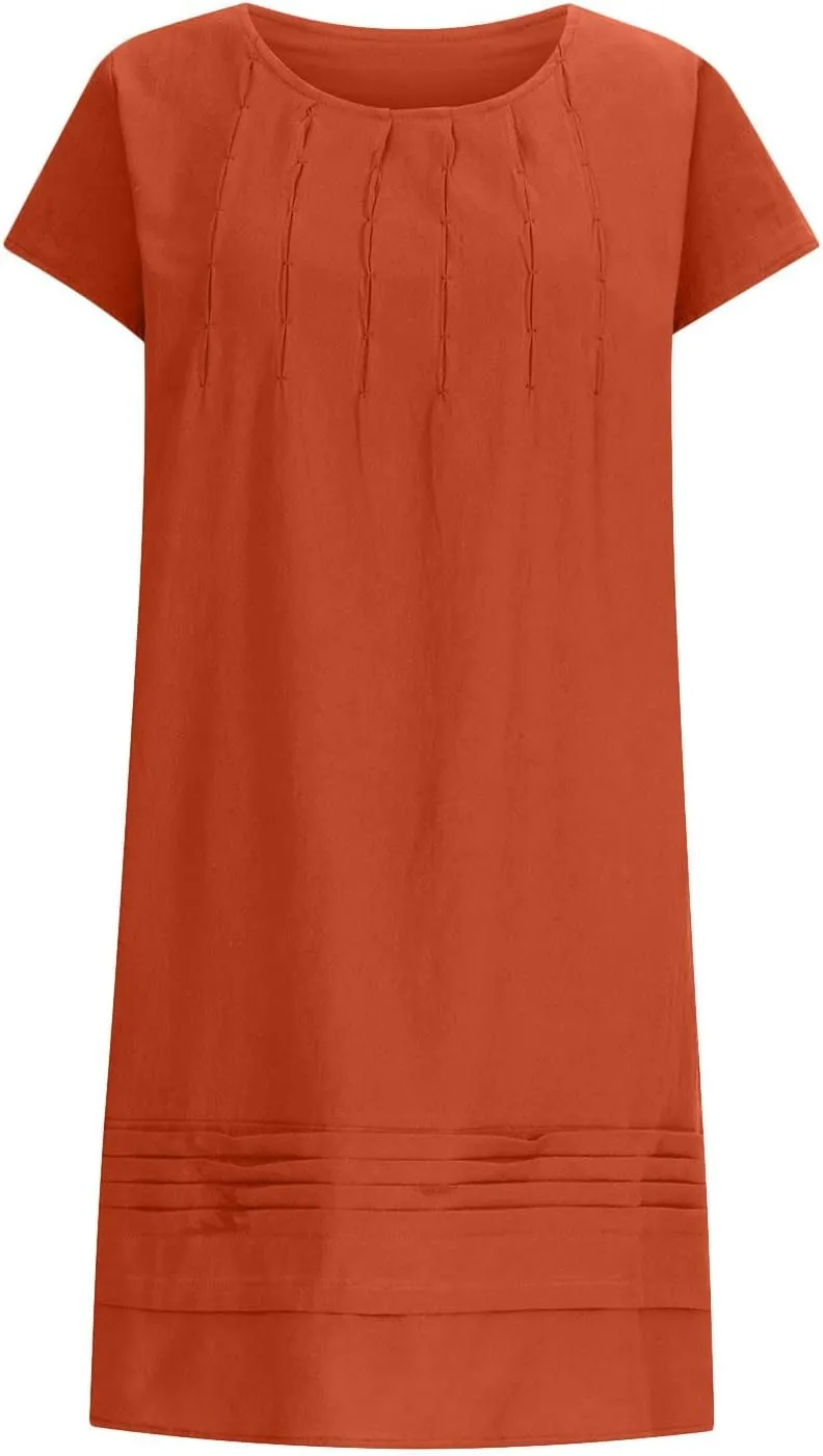 DDAPJ pyju Womens Linen Dress Summer Casual Pleated Round Neck Short Sleeve Mini Dress Loose Beach Vacation Sundress
